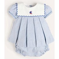 Blue Stripe Mariner Collar Embroidered Boat Detail Baby Girl Holiday Party Set With Bloomers Newborn Girls Clothing For Summer