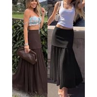 HH Elegant Retro Women Long Skirt High Waist Side Zipper Slim Skirts Fashion Casual Daily Vintage Outfits Weekend Party Skirt