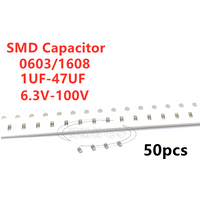 50pcs 0603 1608 SMD Capacitor 1uF 2.2uF 4.7uF 10uF 22uF 47uF 6.3V 10V 16V 25V 35V 50V 63V 100V X5R X7R 105 225 475 106 226 476