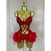 Luxury Sparkly Diamond Feathers Sexy Bodysuits Women Hollow Out Nightclub Bar Performance Singer Dancer Club Party Stage Costume