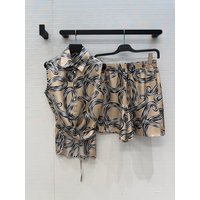 Flip collar single breasted sleeveless printed silk shirt with elastic waist casual and loose high waisted shorts women's set