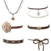 Y2K Vintage Brown Bowknot Flower Sun Stone Leather Pendant Necklace Stacking Choker Plush Leopard Clavicle Chain For Women Girl