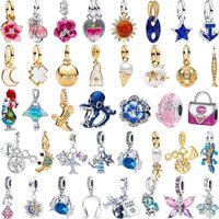 Original 925 Sterling Silver Mixed Charms Beads Pink Flower Blue Textured Star Fish Inlay Fit Bracelet Fine Jewelry Collection