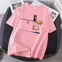 Magic Broom Cat Harajuku T-shirt Women's Fashion Short Sleeved Summer T-shirt Black Outdoor Fitness T-shirt Poleras Women's