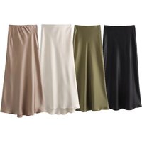 HH Women Fashion Vintage Solid Skirt Satin Slim Elastic Waist Midi Skirts Office Lady Wear Elegant Woman Chic Mermaid Skirt
