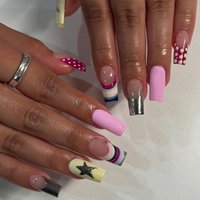 24pcs Dopamine Rainbow Graffiti French style Press On Nails Y2k Silver Star Coffin Fake Nails Yellow White Wave Point False Nail