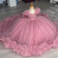 Elegant Dusty Pink Flower Girl Dress For Wedding Floor Length Sequins Fluffy Princess Birthday Party Quinceanera Gown Customized