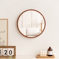 Minimalist Wooden Makeup Mirror Round Wall Bathroom Desktop Vanity Stand Natural Wood Frame Compact Modern Face Decorative