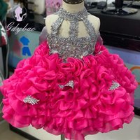 Customized Hot Pink Flower Girl Dress For Wedding Beaded Puffy Applique Knee Length Kids Birthday Pageant First Communion Gown