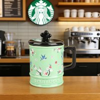 Starbucks Oriental Green Porcelain Mug, Embossed Plum & Magpie Pattern, 473ml Cup with Sealed Black Lid for Tea & Coffee Use