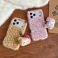 Stylish Cute Pink Leopard Plush Hello Kitty Phone Case for IPhone 17 16 15 14 13 Pro Max with Pendant Shockproof
