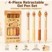 Cute Capybara 3D Topper Retractable Gel Pens 4 Pack, 0.5mm ST Tip Black Ink, Soft Grip Aesthetic Stationery for School Office