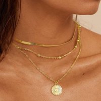 Vintage Multi Layer Sun Disc Pendant Necklaces for Women Girls Stainless Steel Three-Layer Snake Chain Necklace Jewelry Gifts