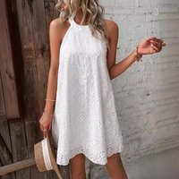 Summer Cotton Eyelet Halter Dress, Loose Sleeveless Embroidery Vacation A-Line Mini Dress