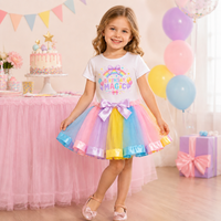 Kids Birthday Magic Outfit Set Girls Rainbow Print Short Sleeve T-shirt + Colorful Bow Tutu Skirt Children Birthday Party Costum