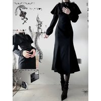 Darkly Gothic Style Skinny Long Sleeve Cape Dress Women Spring Y2k Vintage Fishtail Dress Female Design Chic Black Slim Clothing