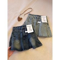 Sexy Retro American Denim Pleated Skirt High Waist Slimming Prevent Exposure A-Line Short Skirt for Women Summer New Style