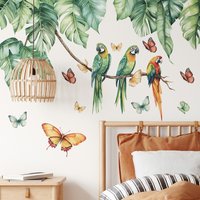 Large Tropical Green Leaves Plant Bird Wall Stickers for Living Room Bedroom Wall Decoration Turtle Back Leaf Wall Decals Mural