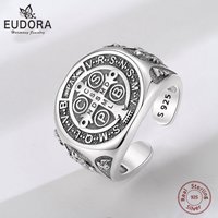Eudora 925 Sterling Silver Saint Benedict Medal Adjustable Ring Vintage San Benedict Cross Amulet Ring Religious Jewelry Man gif
