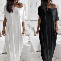 Summer New Women's Solid Color Short Sleeve Sexy Off Shoulder Slant Neck Fashion Bat Sleeve Long Casual Loose Comfortable Dress