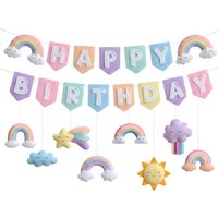 Rainbow Theme 2D Felt Hanging Spiral Garland Banners with Clouds Stars for Girl's First Birthday Baby Shower Party Decorations