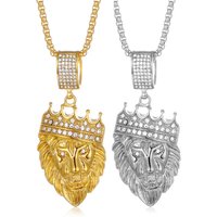 Punk Iced Out Bling CZ Lion Head Pendant Stainless Steel Cubic Zirconia Animal Necklace for Women Men Cool Fashion Jewelry Gift