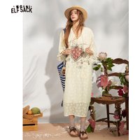 ELFSACK Strawberry Print Cute Tassel Dress, Sweet Lace V-Neck Drawstring Pocket Midi Dress, Romantic Court Style Summer Outfit