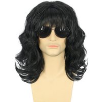 70s and 80s rock wigs for men and women, long curly hair,Black clothing synthetic wig