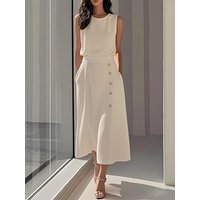 Gymystars Summer Dresses 2026 Elegant Lady Office Long Dresses Fashion High Waisted Split-Front Button Sleeveless Commute Robe