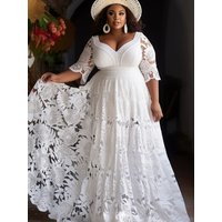 Plus Size Wedding White V Neck Half Sleeve See Through Lace Maxi Dresses