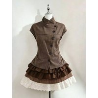 Retro Sweet Two Piece Set Women Plaid Short Sleeve Shirt High Waist Pleated Skirt Y2K Harajuku Hot Girl Summer