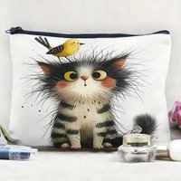 Cute Cat and Bird Pattern Cosmetic Bag,Lightweight Travel Makeup Organizer, Unscented, with Toiletry Bag for Men and Women