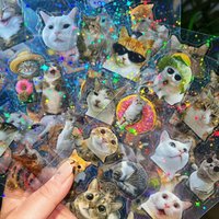 8/16PCS Holographic Cartoon Cat Meme Transparent PETStickers For Laptop Scrapbook Luggage Guitar Helmet DIY Aesthetic Stickers