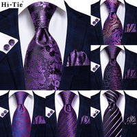 Hi-Tie Designer Purple Floral Striped Paisley Wedding Tie for Men Handky Cufflink Gift Men Tie Party Business Dropshipping