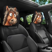 1pc/2pcs Funny Cartoon Horse Head Pattern Car Headrest Pillow Cover, Vehicle Interior Decoration, Removable And Washable, Suit