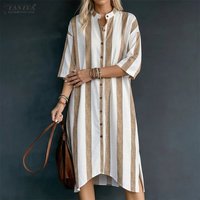 ZANZEA Women Striped Asymmetric Hem Midi Dress Summer Stand Collar 3/4 Sleeve Button Up Shirt Dresses Casual Loose Vestido Mujer