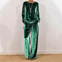 Women's Spring Autumn Velvet Two Piece Suit Fashion Solid Color O-Neck Top+Wide Leg Pants Set Ladies Loose Comfortable Outfit
