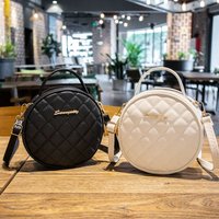 Fashion Lingge Embroidered Small Round Bag Solid Color Zipper Women Shoulder Bag PU Leather Crossbody Bag
