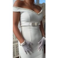 Sheath Cocktail Dresses for Women Pearls Off the Shoulder V Neck Belt Column Cocktail Gowns Ivory Short Formal Party Dress Mini