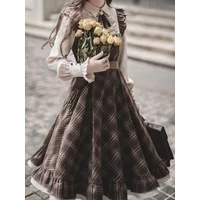 Gefälschtes zweiteiliges Kleid für Frauen, langer Rock, schmale Passform, Taille, Cinching, Vintage-Lolita, karierte Schleife, neuer koreanischer Stil, Mode, Winter 2024