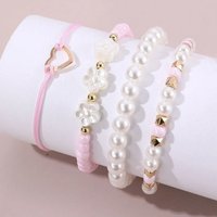 Cute Sweet Style Girl Color Imitation Pearl Rice Beads Love Beaded Children's Bracelet 4 Piece Set