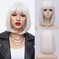 Women Synthetic Straight Cosplay White Wig Short Bob Hair With Bangs Anime Halloween Party