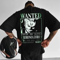 One Piece Roronoa Zoro Wanted Poster Oversized T-Shirt - Bounty & Mini Jolly Roger Logo, Trendy Anime Merch for Pirate Crew Fans