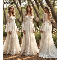 Flare Sleeve Elven Boho Wedding Dress Lace Chiffon Ivory Fairy Country Bride Gown Backless Bohemian Beach Bridal Robe Customized