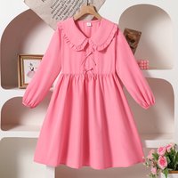 2025 New Girls Autumn Princess Dress Solid Color Pink Doll Collar Bow Long Sleeve A-Line Dress For Girls 8-12 Years Sweet Style