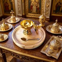 Orthodox Altar Set Gold Metal Holy Oil Jar with Spoon Wood Tray Liturgical Chalice Ciborium Byzantine Church Supplies Gift