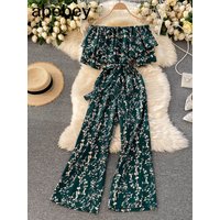 Women Jumpsuit Rompers Summer Casual Floral Print Off Shoulder Ruffles Lace-up Sashes Wide Leg Holidays Loose Jumpsuits