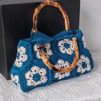 Handmade Crochet Granny Square Tote Bag with Bamboo-Style Handle, Vintage Woven Flower Pattern Shoulder Purse for Women