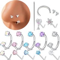 6/2pcs Horseshoe Nose Rings With L-Shape Nose Stud, Stainless Steel Rianbow CZ Nose Ring,, Lip Eyebrow Helix Ear Piercing