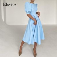 Office Fashion Hollow Out Backless A-line Dress Women Sexy O Neck Slim Long Dresses Elegant Solid Puff Shoulder Lady Party Dress